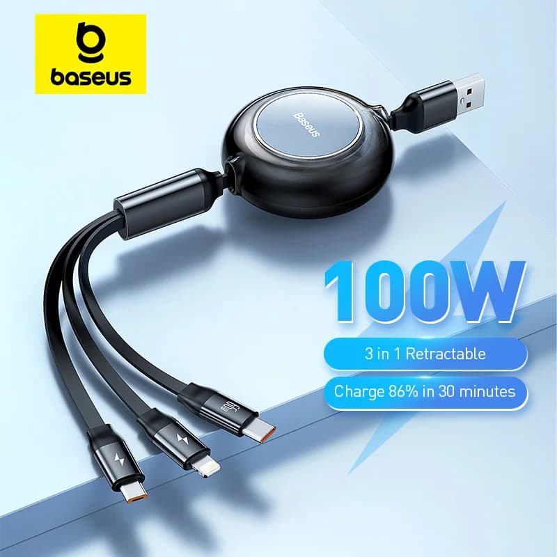 Geri Sarılabilir 100W 3'ü 1 Arada USB Şarj Kablosu